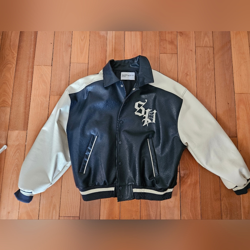 Navy Blue and Ivory Faux Leather Varsity Jacket